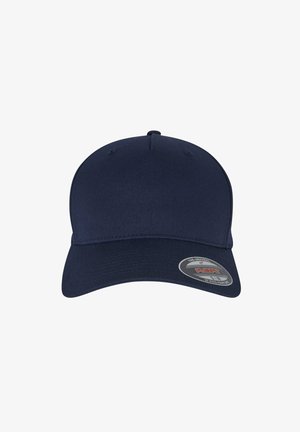 Navy blue baseball cap with a structured design, curved visor, and fabric texture. Features a round logo tag on the front left side.