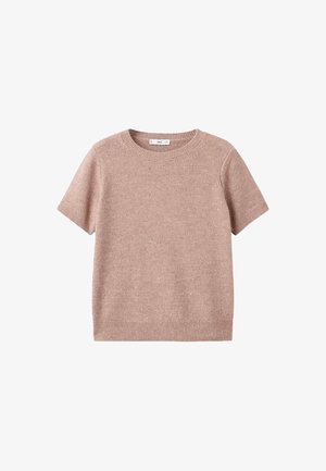 Kurzärmliger Strickpullover in Hellbraun mit gerippten Bündchen, Saum und Rundhalskragen.