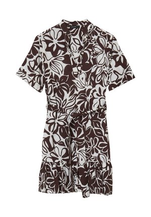 Abito avvolgente a maniche corte in bianco con grande motivo floreale marrone, caratterizzato da scollatura a v, vita stretta e orlo arricciato.