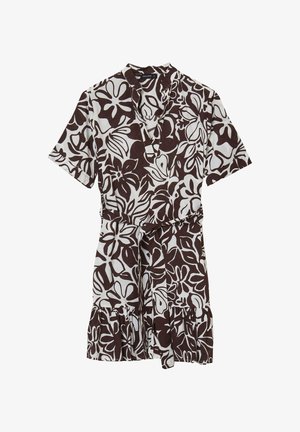 Abito avvolgente a maniche corte in bianco con grande motivo floreale marrone, caratterizzato da scollatura a v, vita stretta e orlo arricciato.