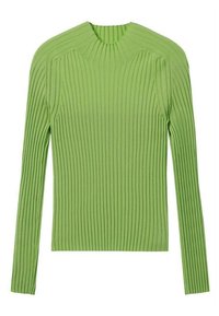 Pull à manches longues en maille côtelée vert clair avec un col rond et des lignes texturées verticales.