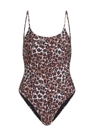 Jednodijelni kupaći kostim s uzorkom leopard, koji ima tanke podesive naramenice, glatku teksturu i crni detalj na otvorima za noge.