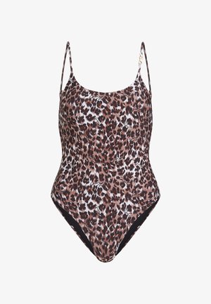 Maillot de bain une pièce imprimé léopard avec des bretelles fines et ajustables, une texture lisse et un accent noir au niveau des ouvertures de jambes.