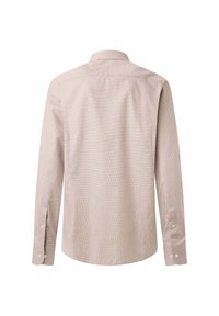 Chemise beige clair à manches longues avec un motif texturé en carreaux. Col classique et poignets boutonnés. Finition de tissu lisse.