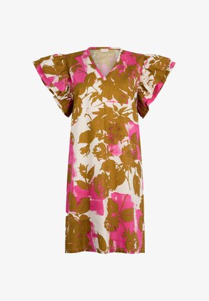 Abito floreale con scollo a V, maniche corte a sbuffo, in crema con audaci motivi di fiori rosa e verde oliva, realizzato in tessuto leggero.