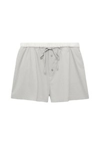 Gestreepte heren shorts in lichtgrijs en wit, gemaakt van lichtgewicht materiaal, met een elastische tailleband met een trekkoord en knopen aan de voorkant.
