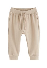 Beige sweatpants med elastisk talje og snøre, med ribbede manchetter og blød tekstur. Lommer på siderne for bekvemmelighed.