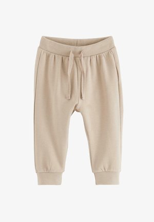 Beige sweatpants med elastisk talje og snøre, med ribbede manchetter og blød tekstur. Lommer på siderne for bekvemmelighed.