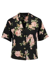 Blusa nera a maniche corte con scollo a V, caratterizzata da un motivo floreale in rosa e verde, e cinque bottoni frontali per la chiusura.