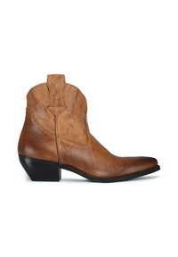 Stivale da cowboy in pelle marrone con punta affilata, tacco basso in legno e cuciture decorative sulla parte superiore. Texture liscia; nessun motivo visibile.