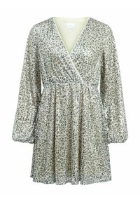 Leopardmönstrad klänning med omlottdesign och l ånga ärmar, tillverkad av pailletttyg i ljusbeige och silvertoner, med en samlad midja.