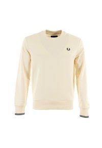 Felpa di colore crema realizzata in materiale morbido, con colletto rotondo, polsini a coste con strisce bianche e nere e un piccolo logo ricamato.