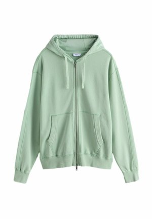 Hellgrüner Kapuzenpullover mit Reißverschluss, Fronttaschen, Kordelzug an der Kapuze sowie gerippten Bündchen und Saum, flach auf weißem Hintergrund ausgelegt.