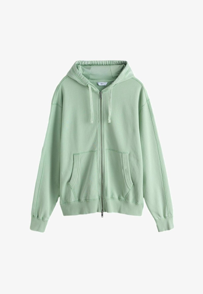 Sweat à capuche zippé vert clair avec poches avant, capuche à cordon et poignets et ourlet côtelés, posé à plat sur un fond blanc.