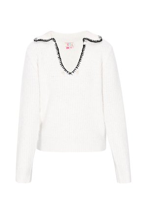 Weißer gestrickter Pullover mit V-Ausschnitt, mit einem kontrastierenden schwarzen gewellten Saum am Kragen und zwei dekorativen Knöpfen am Ausschnitt.