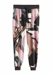 Multicolored jogger pants featuring an abstract pattern with shades of pink, black, and cream, elastic waistband, and cuffed ankles.