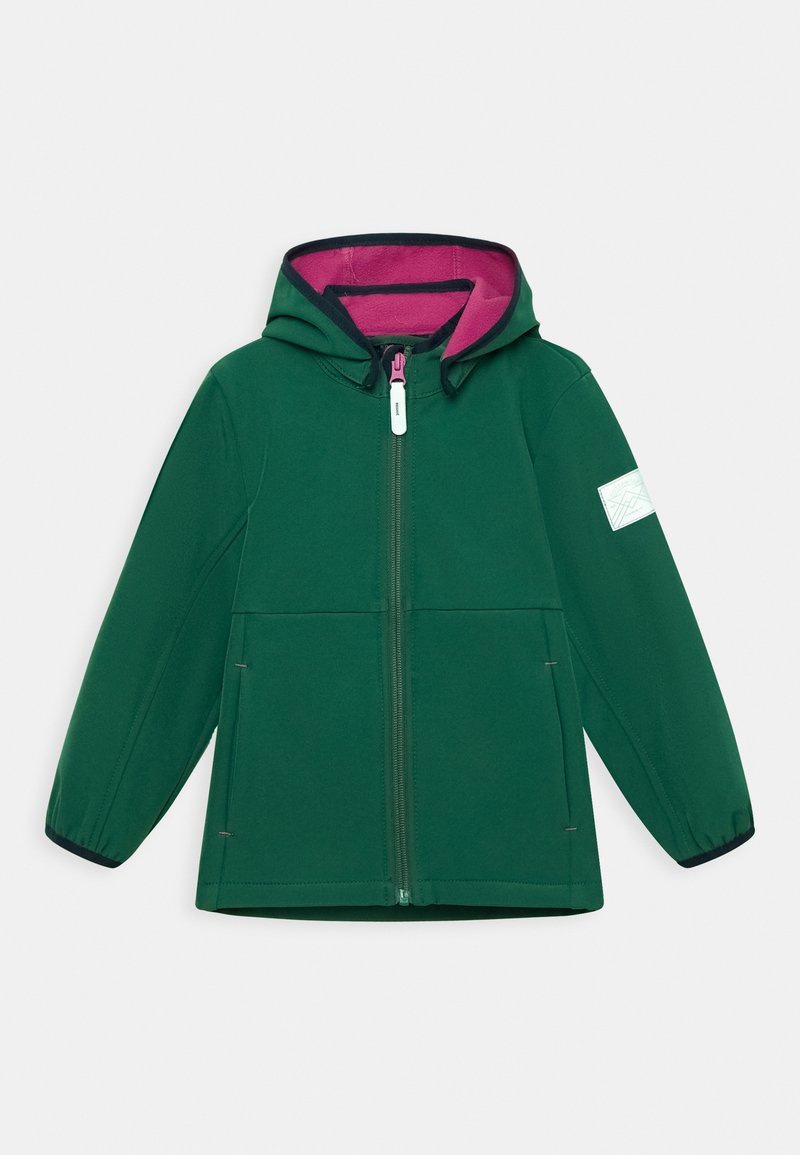 Veste verte avec intérieur rose, fermeture éclair frontale, capuche et poignets élastiques. Comprend des poches latérales et un patch décoratif sur la manche.