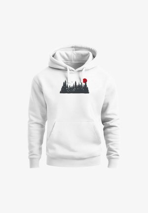 White hoodie with a kangaroo pocket; features a black forest silhouette and a red sun graphic on the chest. Cotton material.