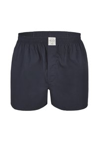 Námorně modré boxerky vyrobené z hladké látky, s elastickým pasem a šitým štítkem a jednoduchým předním otvorem.