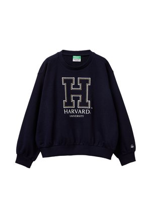 Felpa blu navy in cotone, con un grande logo bianco e oro a forma di "H" e il testo "HARVARD UNIVERSITY" sottostante. Polsini e orlo a costine.