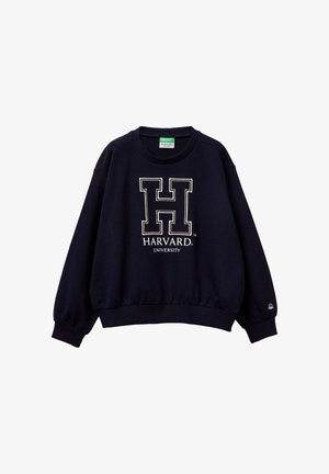 Felpa blu navy in cotone, con un grande logo bianco e oro a forma di "H" e il testo "HARVARD UNIVERSITY" sottostante. Polsini e orlo a costine.