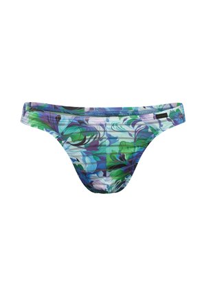 Heren bikini slip met lage taille en een bloemenpatroon in blauw, groen, wit en paars, met een zwart merkembleem op de tailleband.