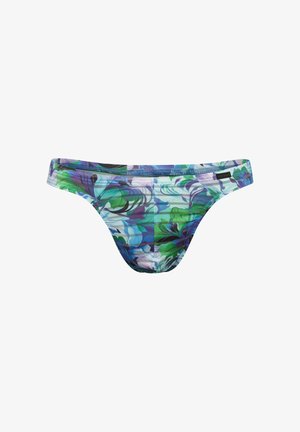 Heren bikini slip met lage taille en een bloemenpatroon in blauw, groen, wit en paars, met een zwart merkembleem op de tailleband.