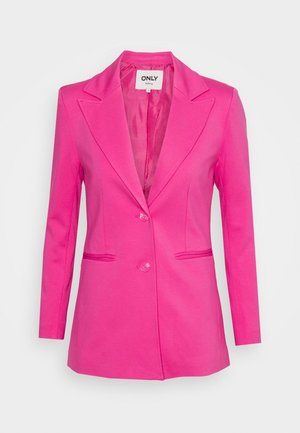 Women’s bright pink tailored blazer with notch lapels, two front buttons, and slit pockets, displayed against a light background.