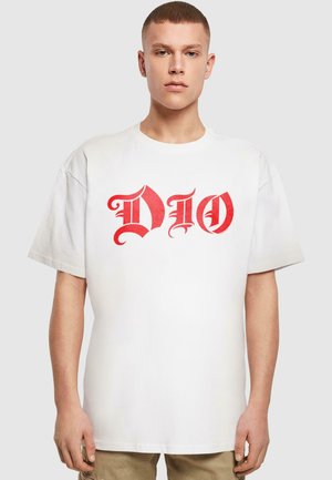 White cotton t-shirt featuring bold red "DIO" graphic print in decorative font. Loose fit with dropped shoulders and crew neckline.