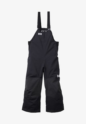 Pantalones de bib impermeables negros con tirantes ajustables y parches de rodilla reforzados, con un logo audaz en la pierna izquierda y un corte recto.