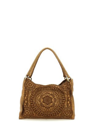 Borsa a mano in pelle marrone con motivi floreali e geometrici circolari intricati e una singola maniglia.