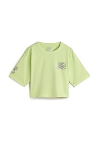 Korte mouw cropped t-shirt in lichtgroene katoen, voorzien van een vierkante zak met een schaakbordpatroon. Subtiele logo op de mouw.