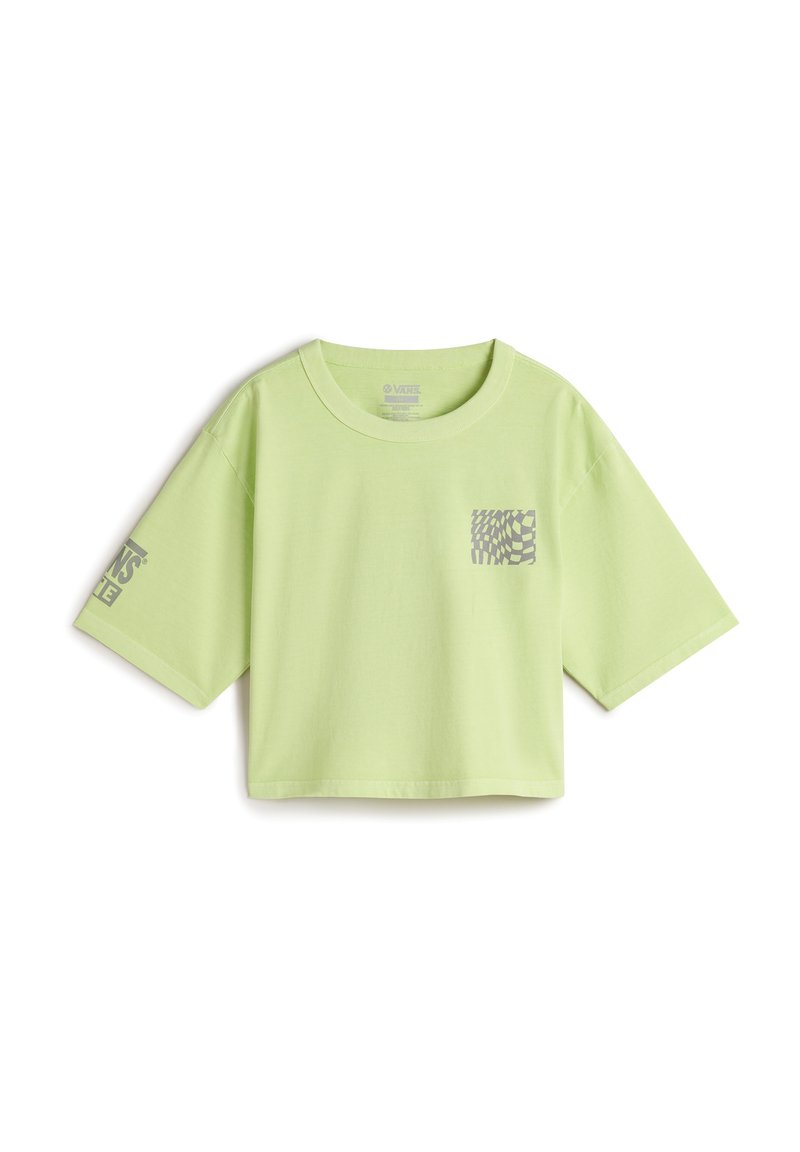 Korte mouw cropped t-shirt in lichtgroene katoen, voorzien van een vierkante zak met een schaakbordpatroon. Subtiele logo op de mouw.