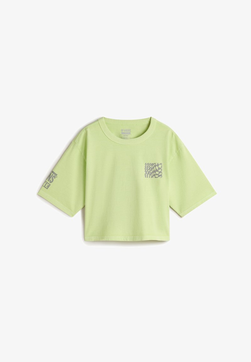 Cropped t-shirt in light green cotton, featuring a square pocket with a checkerboard pattern and short sleeves. Subtle logo on sleeve.