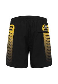 Costumi da bagno neri con vita elastica, caratterizzati da un motivo giallo sfumato sui lati e una tasca posteriore con etichetta.