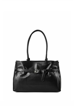 Sac à main en cuir noir avec deux longues anses et une ceinture décorative avec une boucle argentée à l'avant.