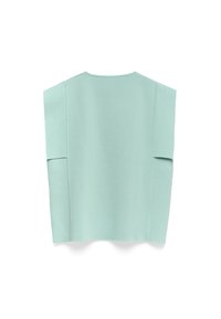 Miętowa, oversize'owa bluzka z krótkimi rękawami, okrągłym dekoltem oraz gładkim, teksturowanym materiałem. Prosty design bez dodatkowych zdobień.