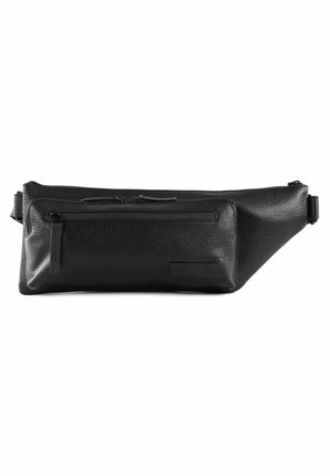 Schwarze Leder-Gürteltasche mit strukturierter Oberfläche, einer vorderen Reißverschlusstasche und einem schlanken, winkligen Design. Verfügt über einen verstellbaren Gurt zum Befestigen.