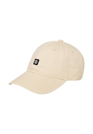 Casquette de baseball beige avec une visière incurvée et un petit logo noir en patch au centre avant.