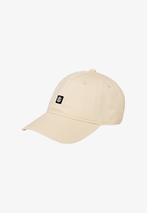 Cappellino da baseball beige con visiera curva e un piccolo logo nero sul centro anteriore.