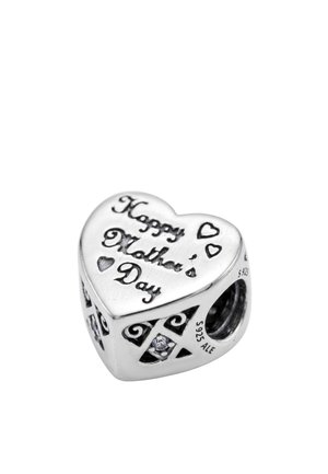 Heart-shaped silver charm engraved with "Happy Mother's Day" and decorated with small hearts and filigree details.