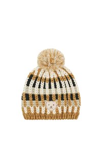 Knit beanie in beige, black, and brown stripes, featuring a fluffy pom-pom on top and a bear face appliqué on the front.