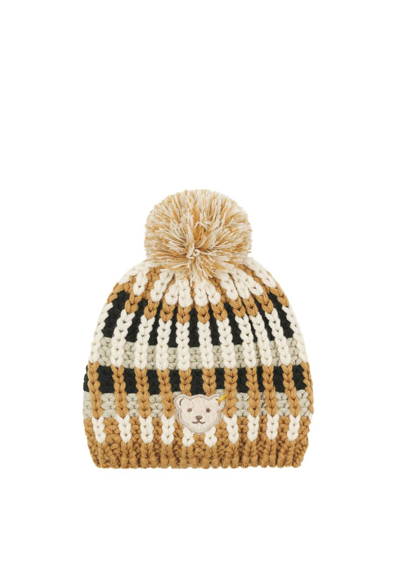 Knit beanie in beige, black, and brown stripes, featuring a fluffy pom-pom on top and a bear face appliqué on the front.