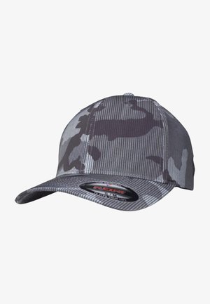 Gray camo cap made from textured fabric, featuring a curved brim, patterned design, and a fitted Flexfit style with an inner sweatband.