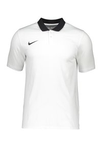 Polo shirt Nike, manches courtes, corps blanc, col noir. Présente le logo sur la poitrine gauche, un tissu lisse et un design à coupe standard.