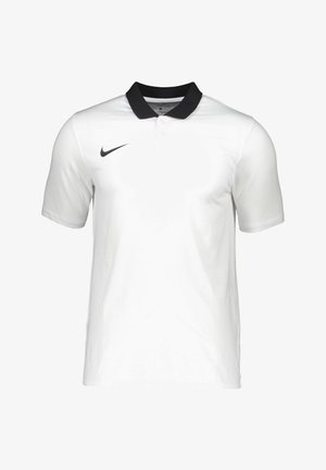 Camisa polo de Nike, de manga corta, con cuerpo blanco y collar negro. Presenta el logo en el lado izquierdo del pecho, tejido suave y un diseño de corte estándar.