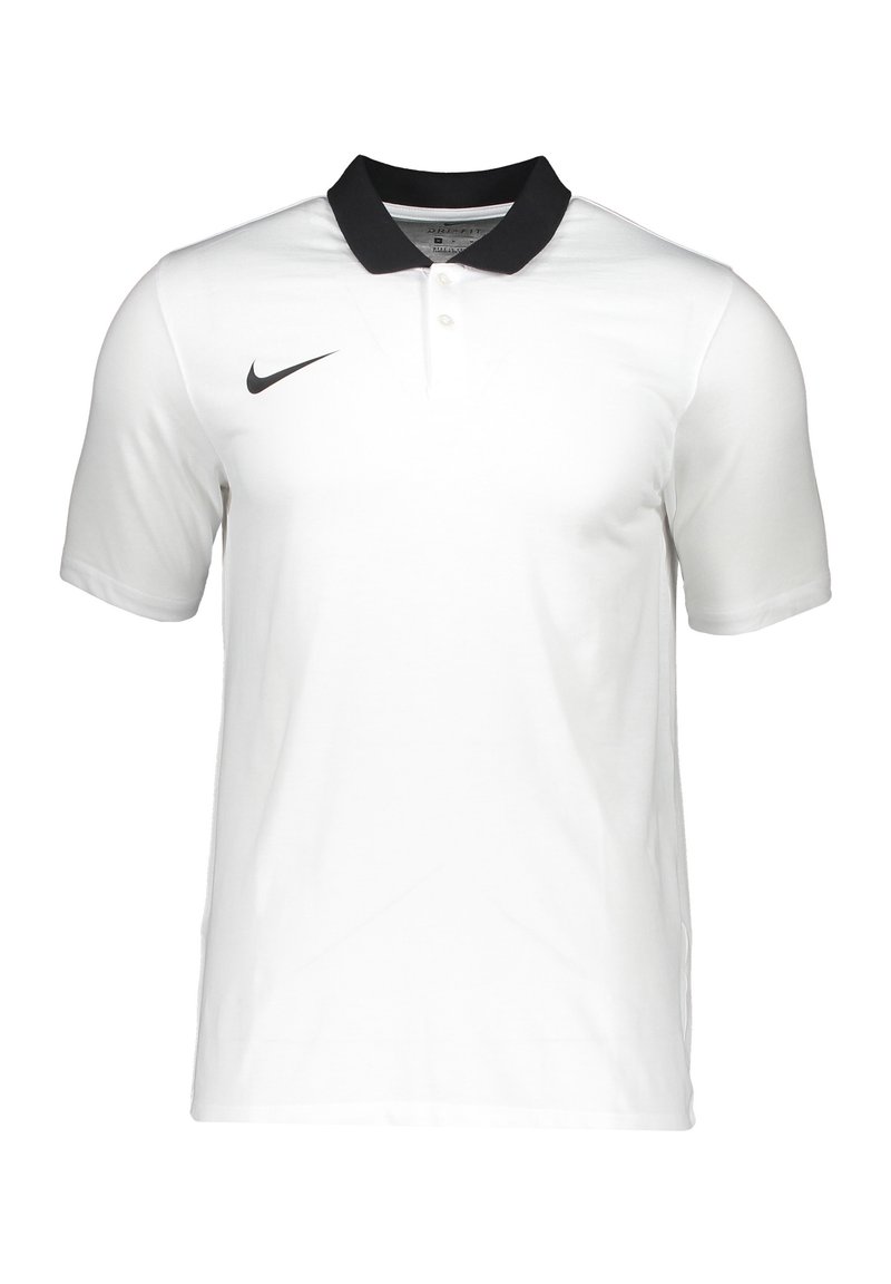 Polo shirt Nike, manches courtes, corps blanc, col noir. Présente le logo sur la poitrine gauche, un tissu lisse et un design à coupe standard.