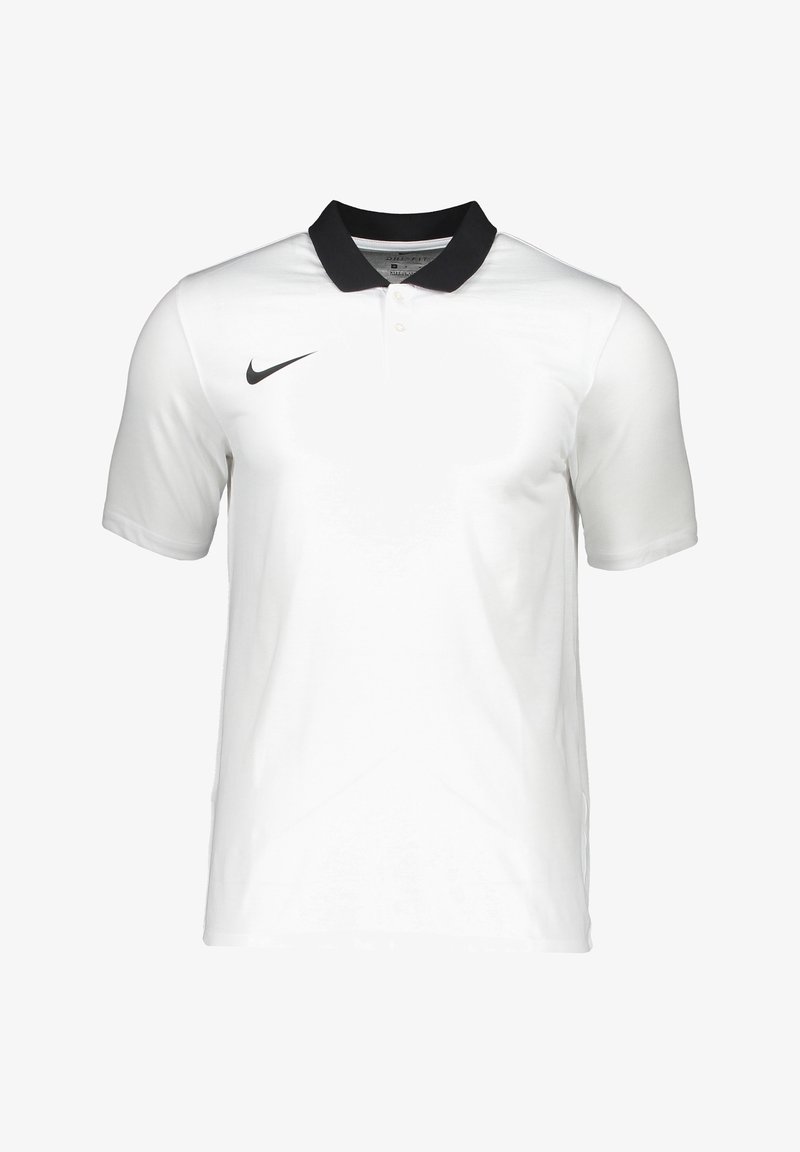 Polo shirt Nike, manches courtes, corps blanc, col noir. Présente le logo sur la poitrine gauche, un tissu lisse et un design à coupe standard.