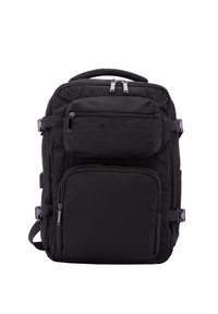 Black backpack made of fabric with multiple zippered compartments, adjustable straps, and a top handle. Sturdy yet lightweight design.