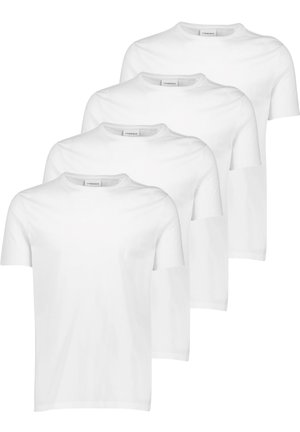 T-shirt bianche in cotone, maniche corte, scollatura rotonda, texture liscia, quattro pezzi impilati con design coerente e senza motivi o accenti.